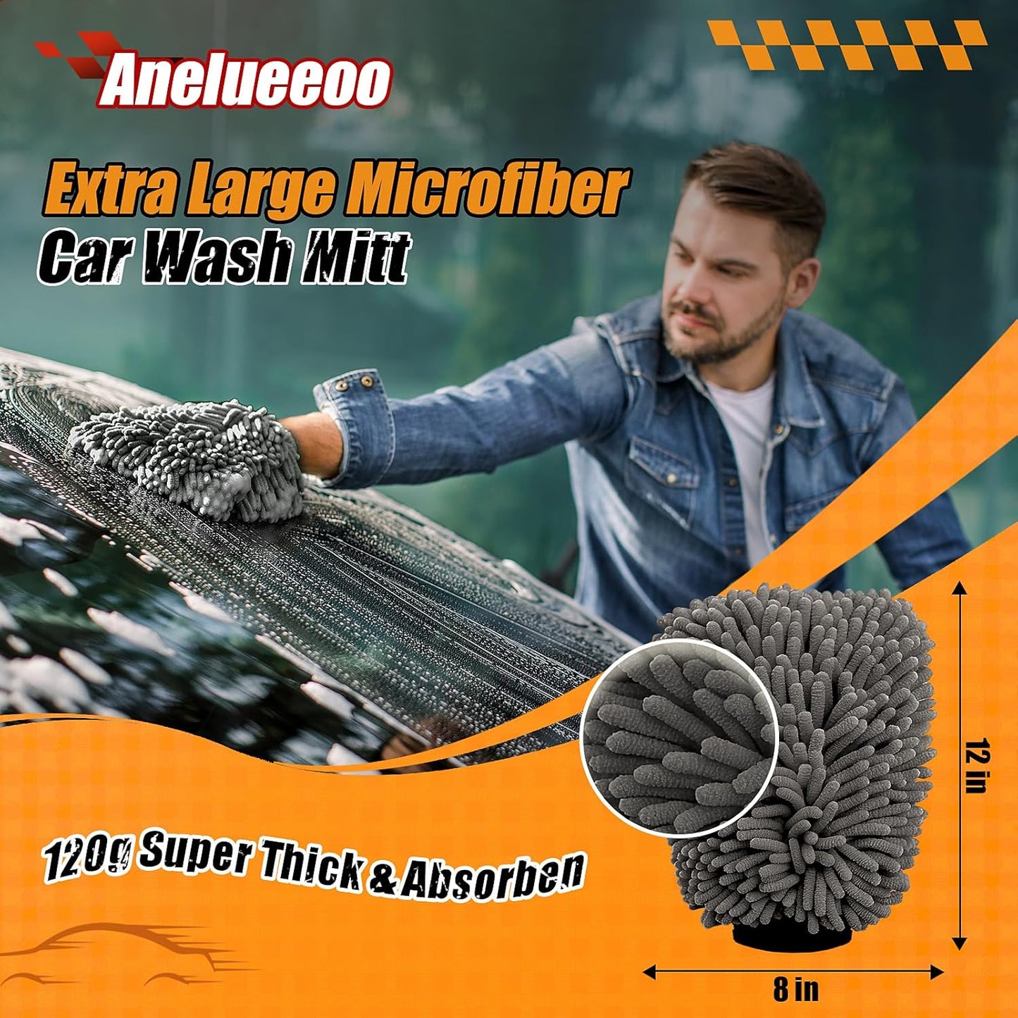 Car Wash Mitt Microfiber, Premium Chenille Microfiber Wash Car Mitts Sponge Scratch Free & Lint-Free, Mitts Waterproof Lining 4 Pack Gray(8''X12'')