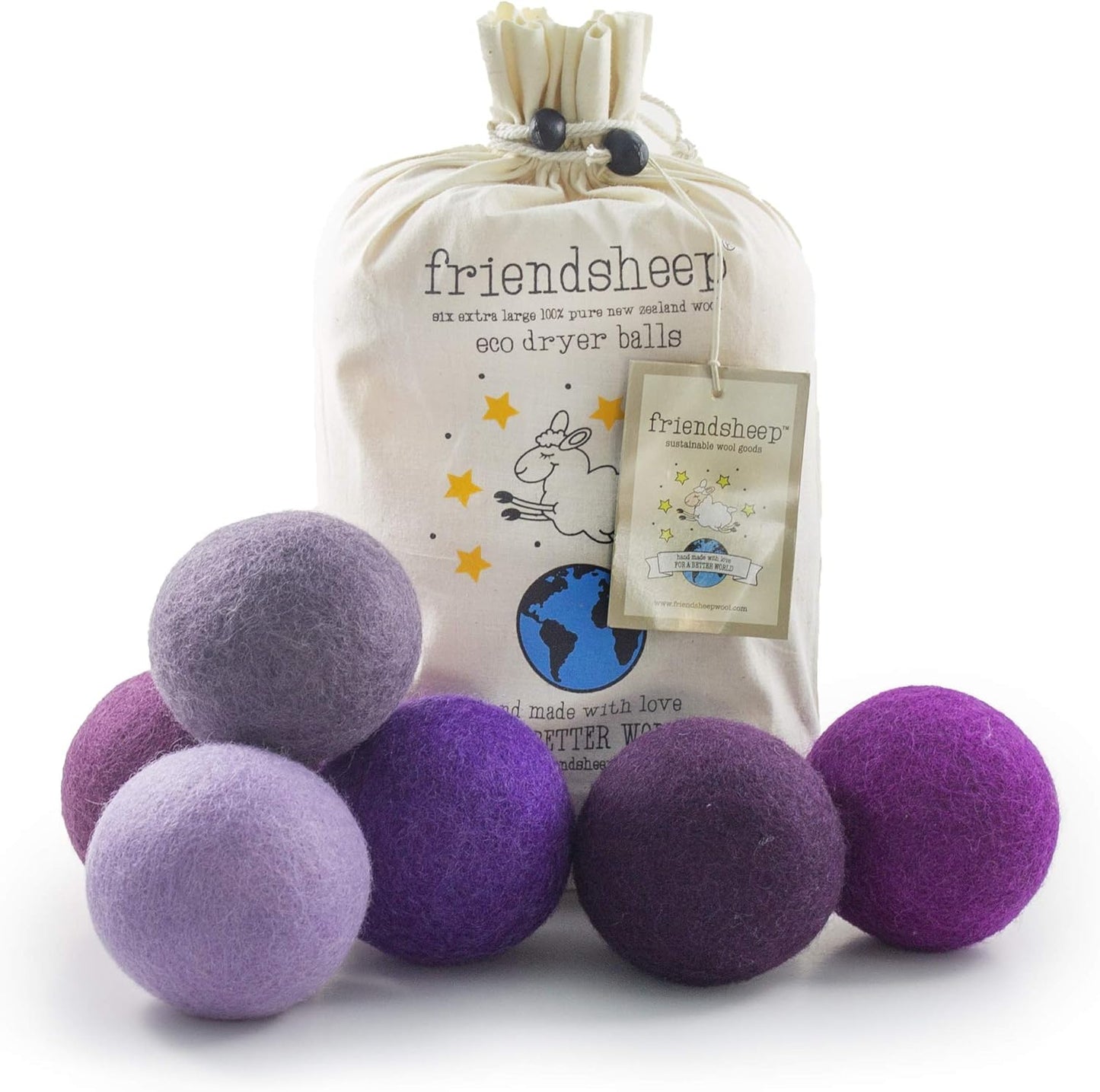 Friendsheep Wool Dryer Balls, Organic Reusable Fabric Softener Alternative for Laundry, Handmade, Fair Trade, Hypoallergenic, Eco-Friendly, Plastic-Free (6 Pack XL - Purple Haze)