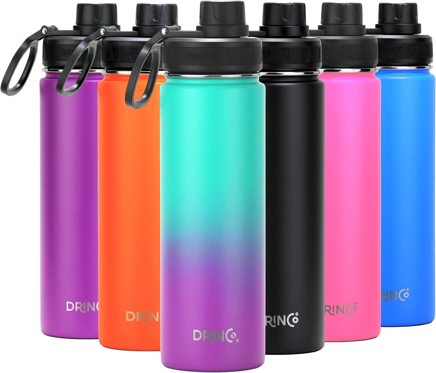 DRINCO Stainless Steel Water Bottle Spout Lid Vacuum Insulated Double Wall Water Bottle Wide Mouth (40oz 32oz 22oz 18oz 14oz) Leak Proof Keeps Cold or Hot (22 oz, 22oz Ombre Fuschia Teal)