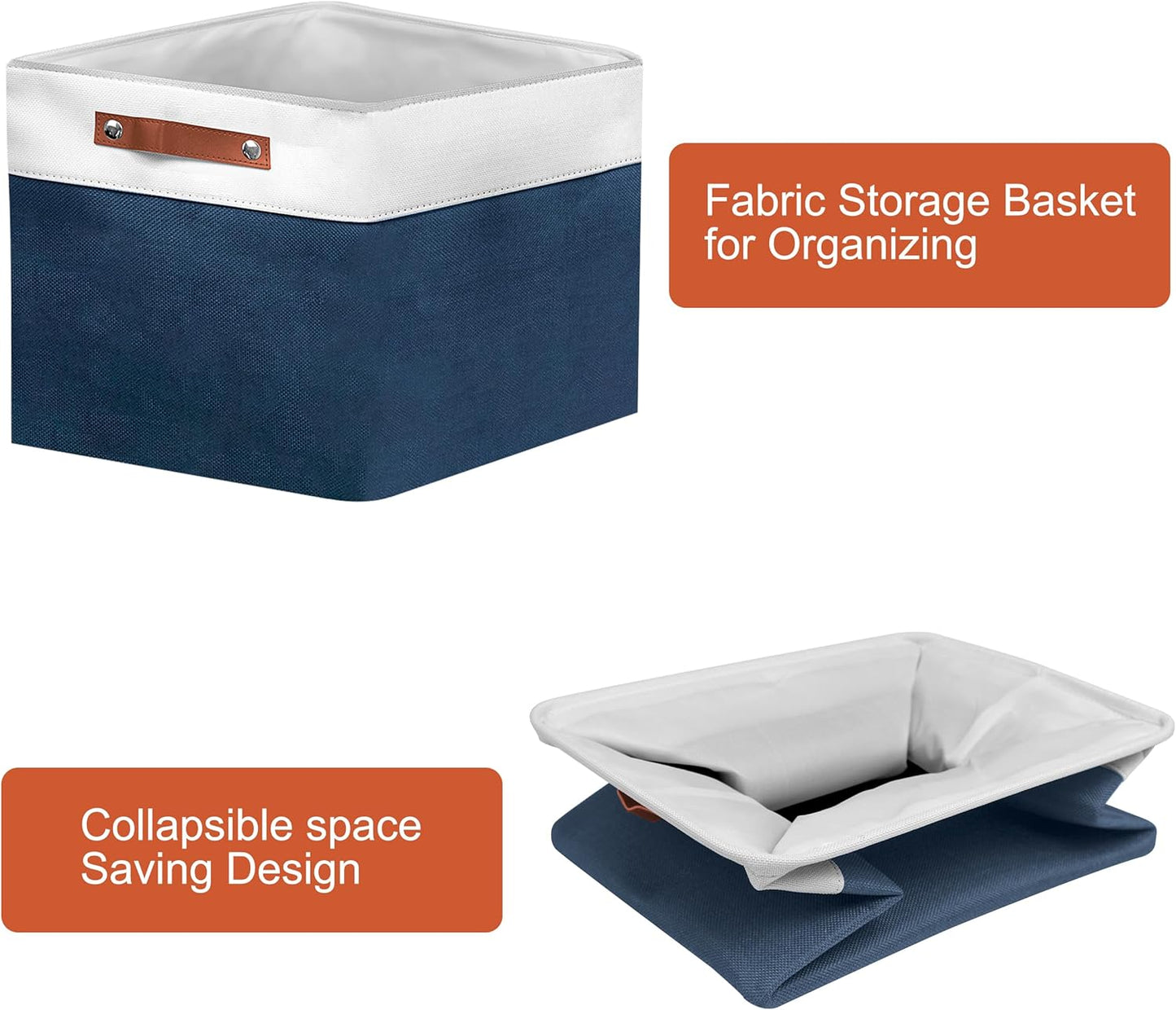 13in Open Fabric Storage Basket with Leather Handles for Organizing, Collapsible Linen Closet Bins for Shelves, Closets, Laundry, Decorative Basket for Gifts. (White＆Blue, 3PCS/13x13in)