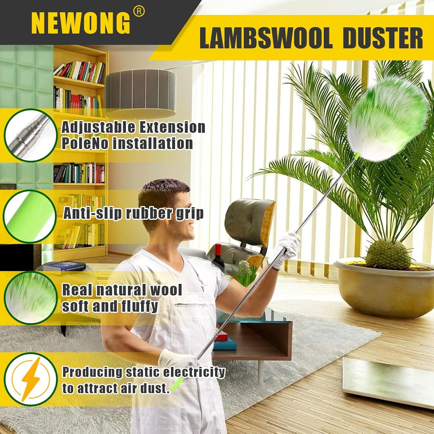 5PCS Extendable Lambswool Duster with 35-55 Inch Adjustable Aluminum Handle,Feather Duster Static Electricity Dust Adsorption, Reusable Cleaning Tool for Home, Car, Office, Ceiling, Furniture