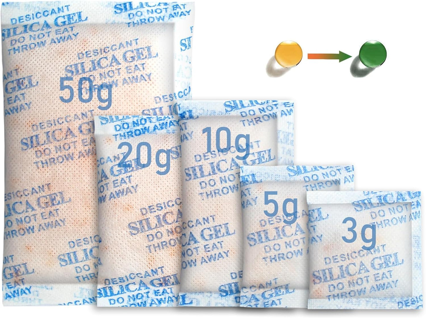 LotFancy Silica gel Desiccant, Assorted Sizes (3/5/10/20/50 Gram) Silica Gel Packets, 100Packs Total, Rechargeable Desiccant Packets with Orange Color Indicating, Food Safe