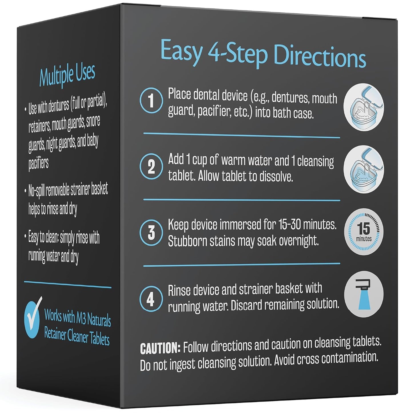 Denture Bath Case and Retainer Case, Denture Bath Cup for Invisalign Retainers Mouthguards Dentures Cleaner Kit with Strainer Spill-Free Portable Retainer Cleaner Case by M3 Naturals