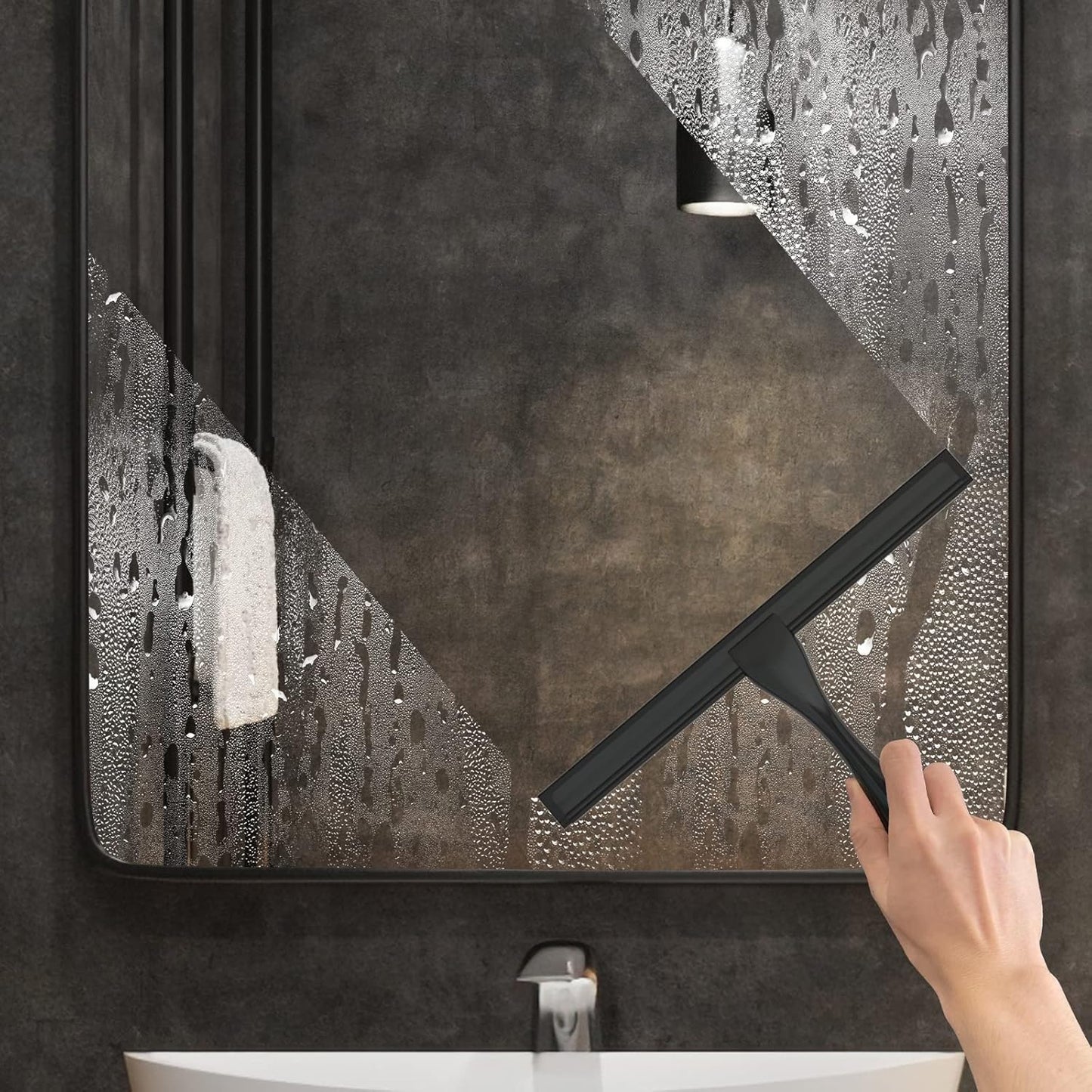 All-Purpose Stainless Steel Shower Squeegee for Shower Doors with 2 Adhesive Hooks, Bathroom Cleaner Tool Household Window Mirror Squeegee for Home Cleaning, Glass Door, Tile Wall, Car, 14 Inch Black