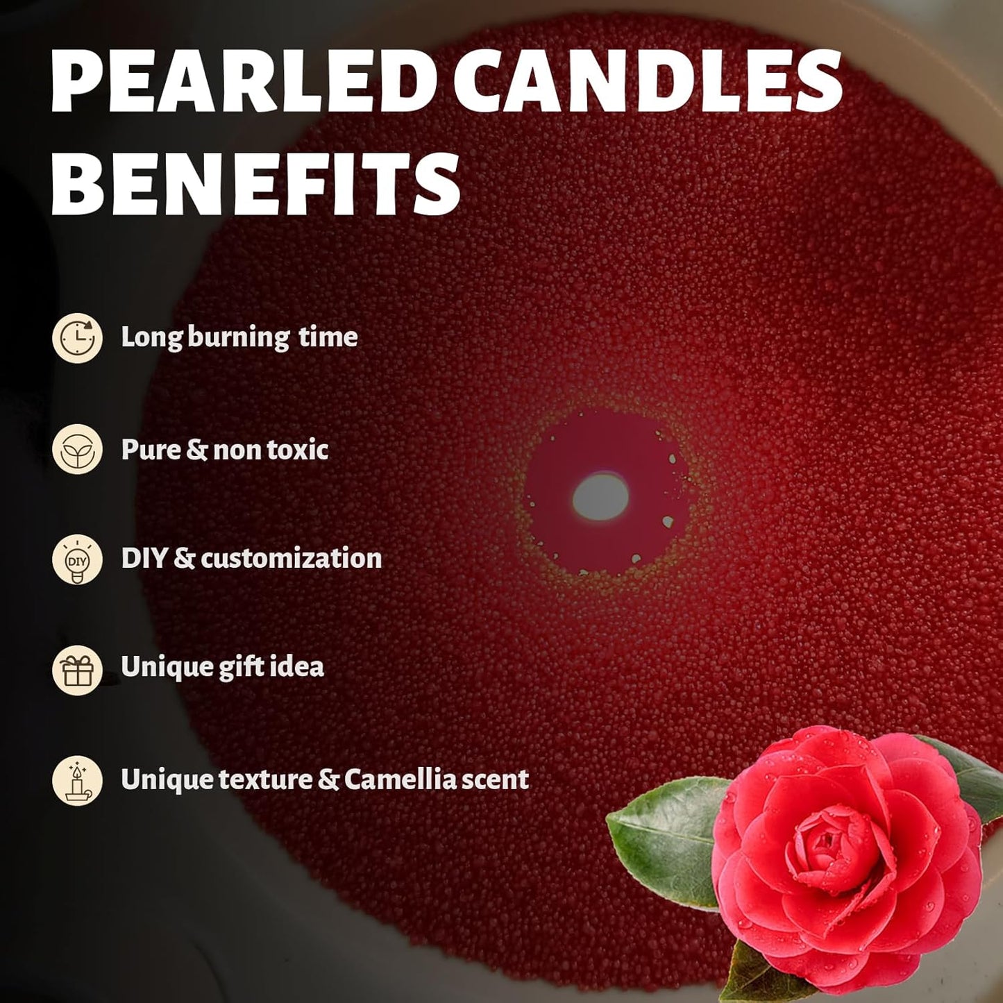 Camellia Scented Red Pearled Candle 18oz Luxury Sand Candle Granulated Wax - 30 Cotton Wicks - Wax for Candle Making Decorative Candles Smooth and Clean Burning Lasts up to 120 Hours