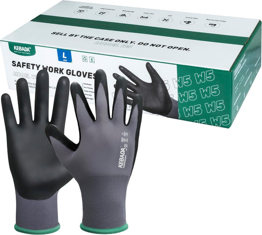 Kebada W5 Work Gloves Bulk Pack (60 Paris), Foam Nitrile Coated Working Gloves with Grip, Ultra Stretchable Spandex Knit Gloves for Gardening and Light Duty Mechanic Work, Small (Made in Vietnam)