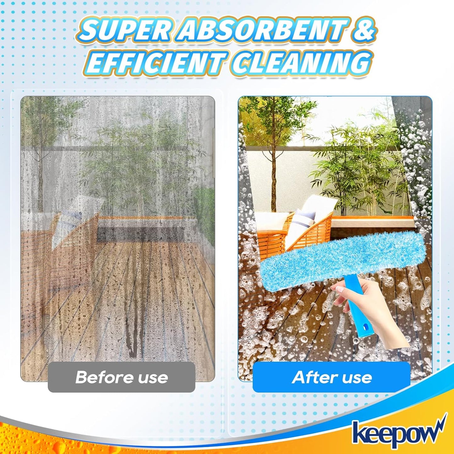 KEEPOW 14" Microfiber Window Scrubber Refill Replacement Compatible with MR.SIGA, Compatible with Ettore Professional Window Cleaning, Reusable & Washable Window Squeegee for Home (2 Pack)