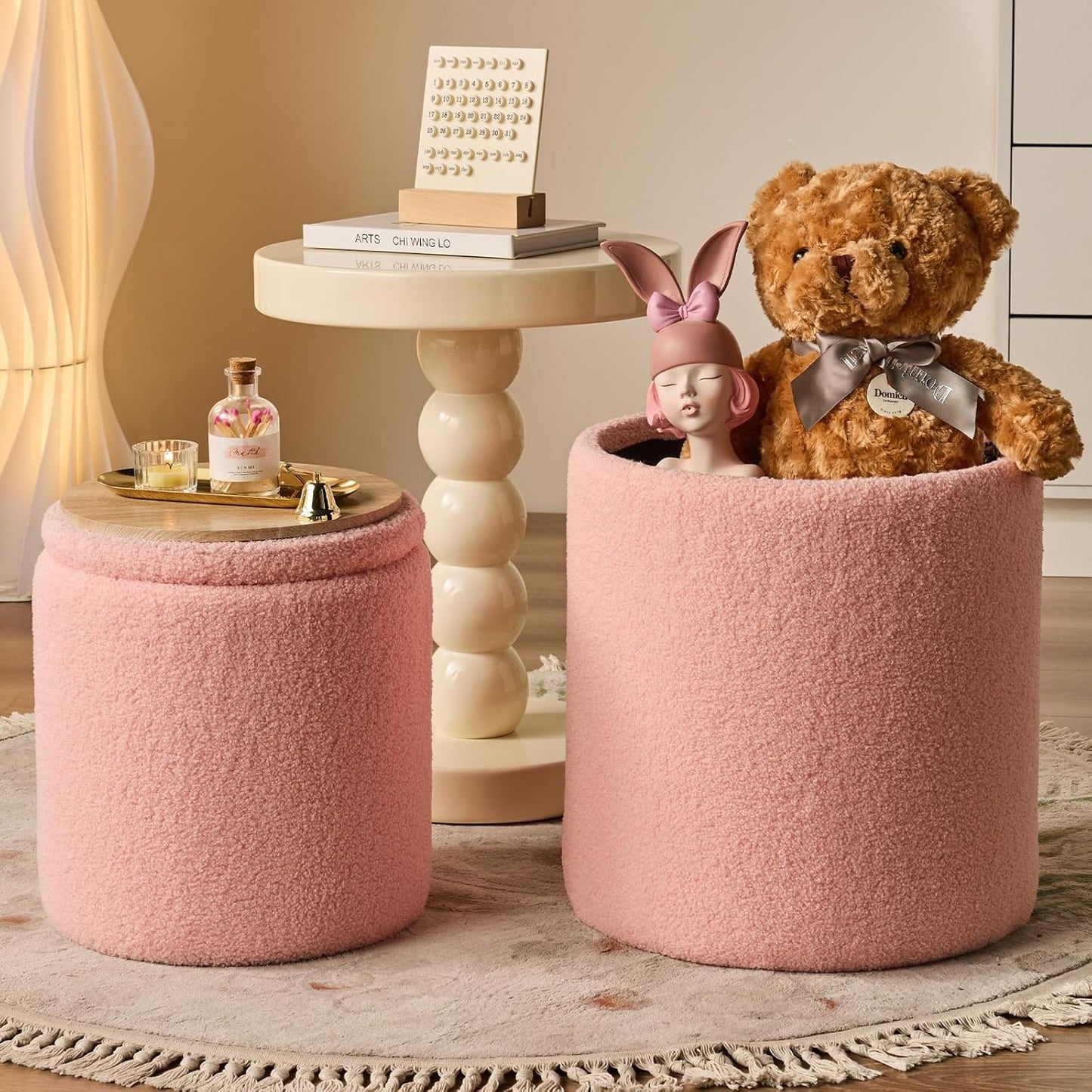 Round Ottoman with Storage Set of 2-Upholstered Sherpa Vanity Stool for Makeup Multifunctional Ottomans Coffee Table Padded Seat Foot Rest for Living Room&Bedroom(Sherpa Pink)