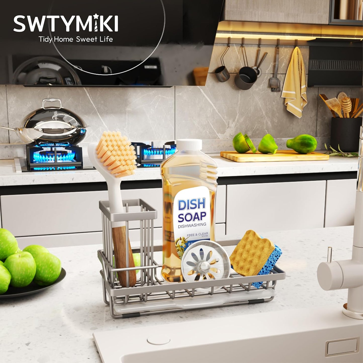 SWTYMIKI Sink Caddy Sponge Holder - Kitchen Sink Organizer with High Brush Holder for Countertop to Hold Dish Soaps and Sponges, Stainless Steel, Sand Nickel