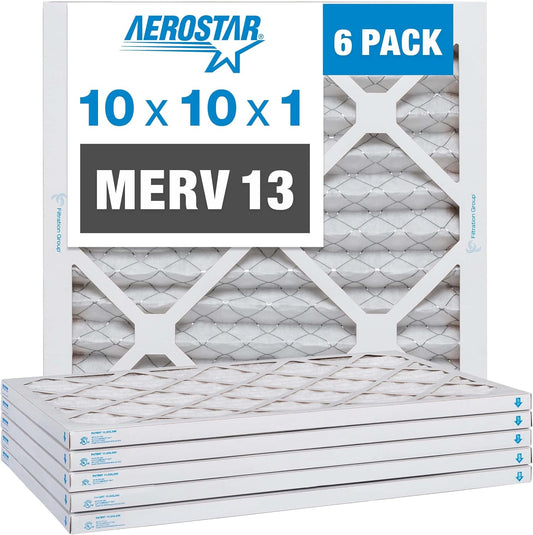 Aerostar 10x10x1 MERV 13-6 Count - Pleated Furnace & Air Conditioner Filters - Removes Bacteria, Dust, Cold & Flu Germs, Lint, Mold, Pet Dander, Allergy-Causing Pollen, Smog, Smoke & Viruses