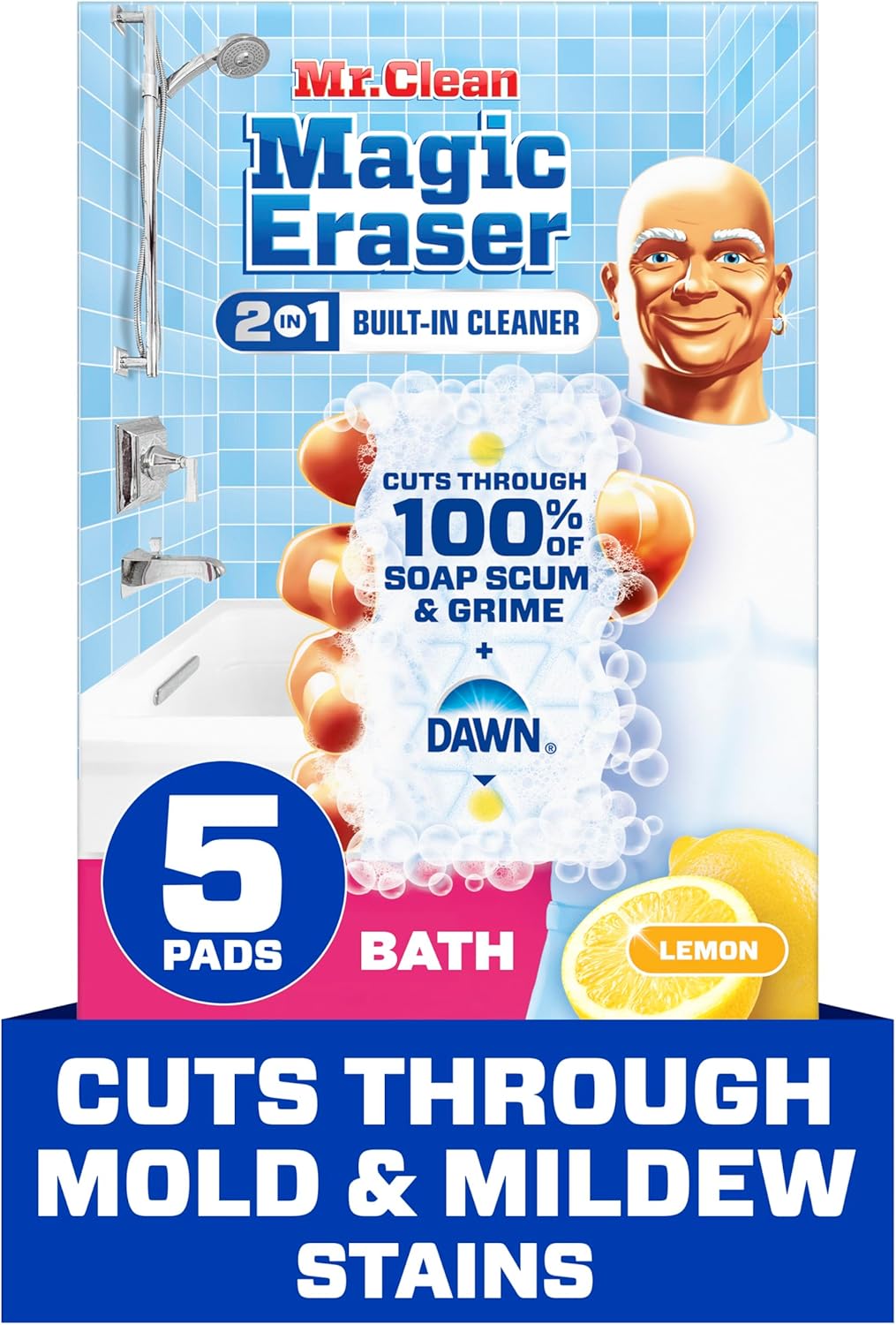 Mr. Clean Magic Eraser Sponge, Bathroom Cleaner, Soap Scum Shower & Tub Cleaner, 2 in 1 Bath, 5ct