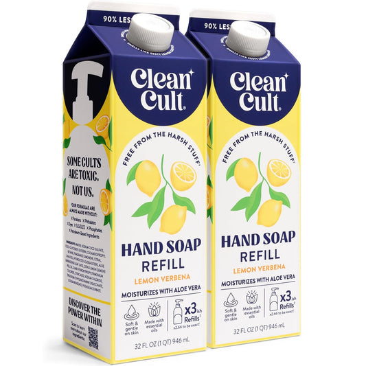 Cleancult Liquid Hand Soap Refills - Lemon Verbena - Moisturizes Dry & Sensitive Skin - Made with Aloe Vera & Essential Oils - Eco Friendly - Paper-Based Packaging - 32 oz/2 Pack