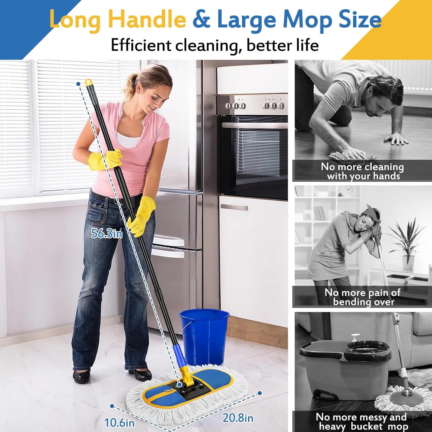 16 Inch Commercial Dust Mop for Floor Cleaning - Industrial Wet Dry Broom with 2 Washable Mops Pads for Hardwood Vinyl Laminate Floors Warehouse Courtyard Cleaning,Blue