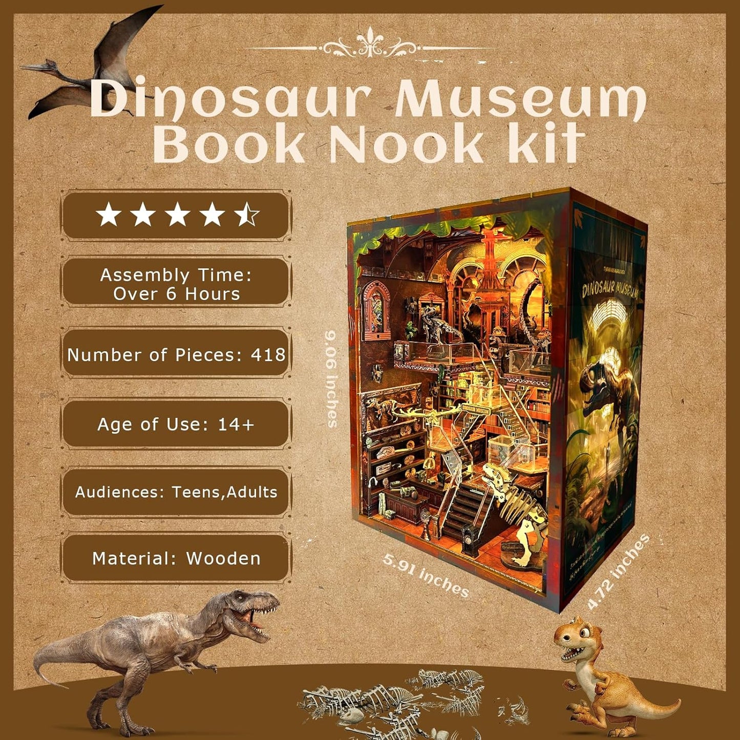 Book Nook Kit for Adults - DIY Dinosaur Museum Booknook, 3D Wooden Dollhouse Puzzle with LED Lights, Miniature Bookshelf Decor for Home Libraries