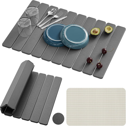 Large Stone Dish Drying Mats for Kitchen Counter – Foldable Quick Dry Stone Mat with Non-Slip Pad & Sandpaper, Super Absorbent Diatomaceous Earth Mat for Dishes and Cups(Dark Gray 23.5"x15.5")
