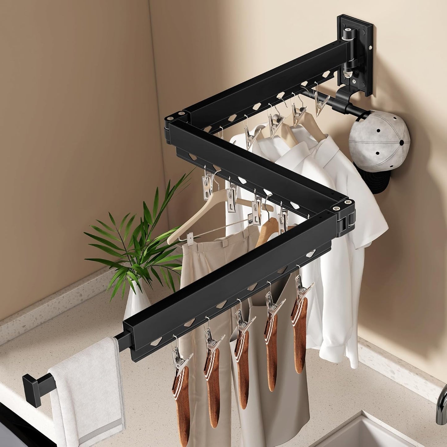 Wall Mounted Collapsible Clothes Drying Rack, Durable Space-Saving Laundry Drying Rack Clothing Hanger, Upgraded with Clips and Windproof Holes