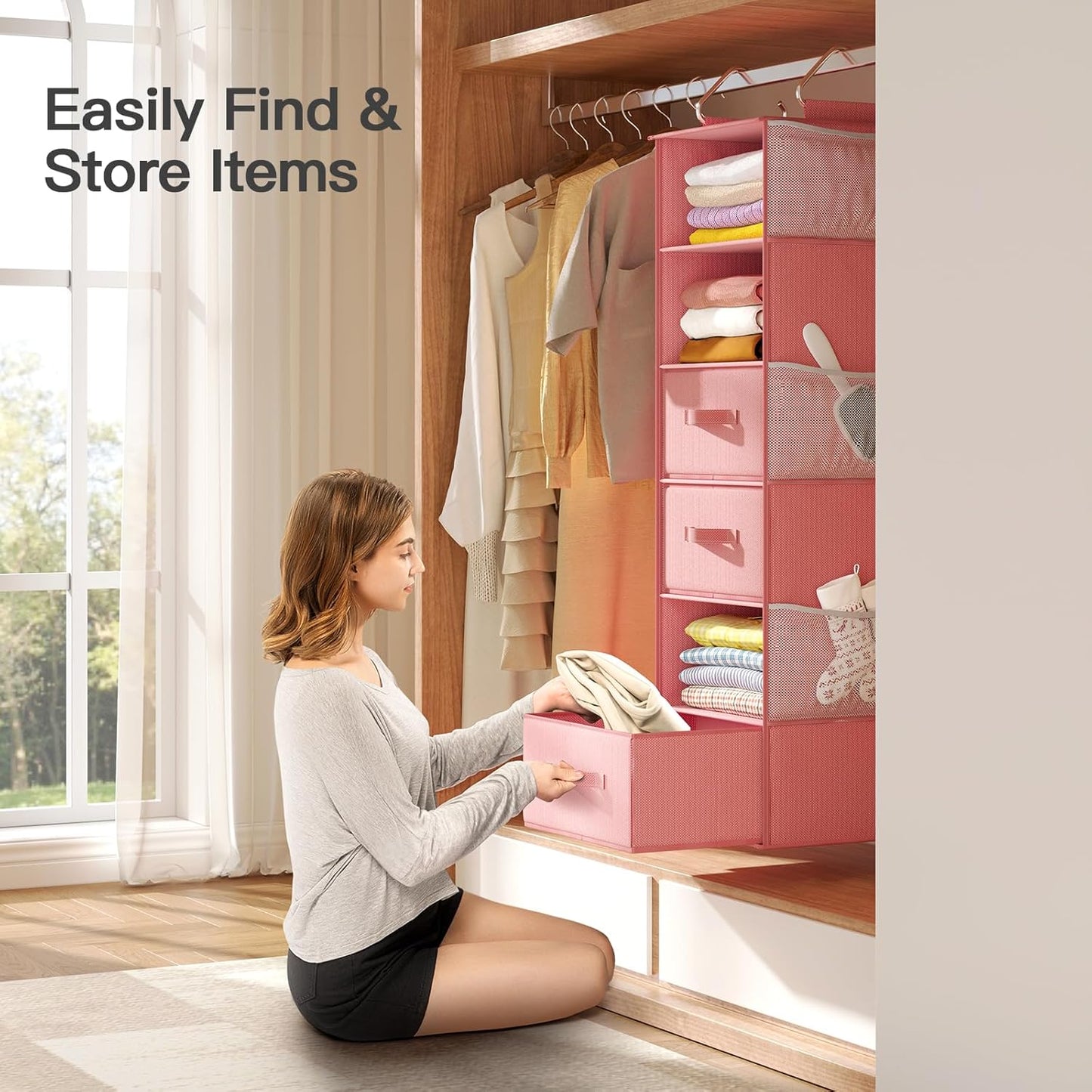 Pipishell Hanging Closet Organizer 6-Shelf, Hanging Shelves for Closet with 3 Removable Drawers & Side Pockets, Hanging Shelf Organizer for Bedroom or Garment Rack, 12'' x 12'' x 43.3'', Pink