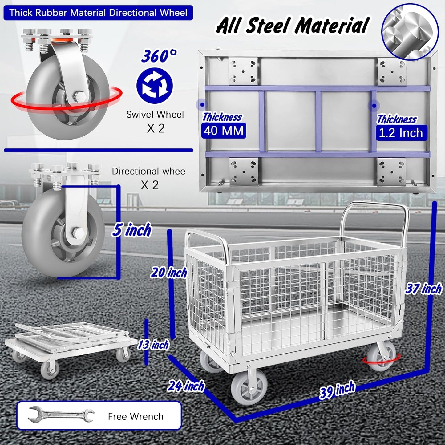 Platform Truck with Cage, 6 in1 Foldable Heavy Duty Steel Flatbed Cart, Large Utility Cart w/Industrail Solid Casters, Load 2000LBS Multi-Purpose Push Dolly for Grocery/Laundry/Stall/Warehouse