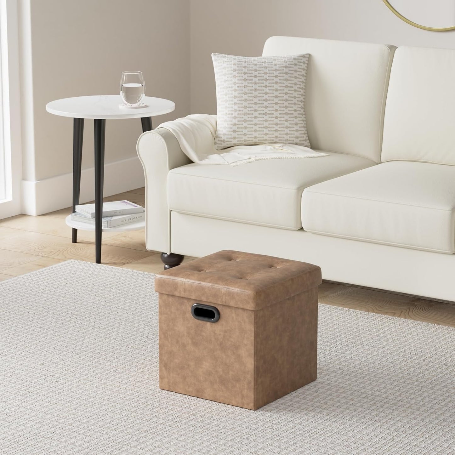 SONGMICS Mazie Collection - 15 Inches Ottoman with Storage, Footstool, Storage Ottoman with Metal Handles, Load 660 lb, for Dorm, Living Room, Bedroom, Synthetic Leather, Coffee Brown ULSF030K01