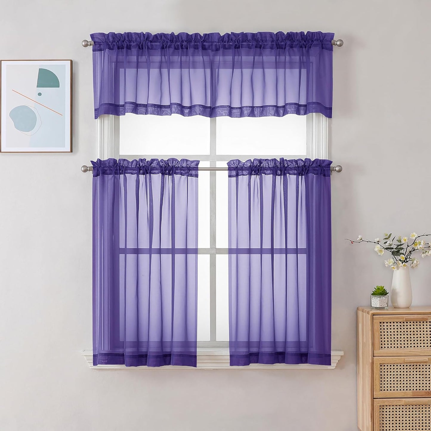 Chyhomenyc Sheer Curtains 36 inch Length 2 Panels, Light Filtering Voile Rod Pocket Short Window Sheer Curtians for Bathroom Living Room, 2PCS, Purple