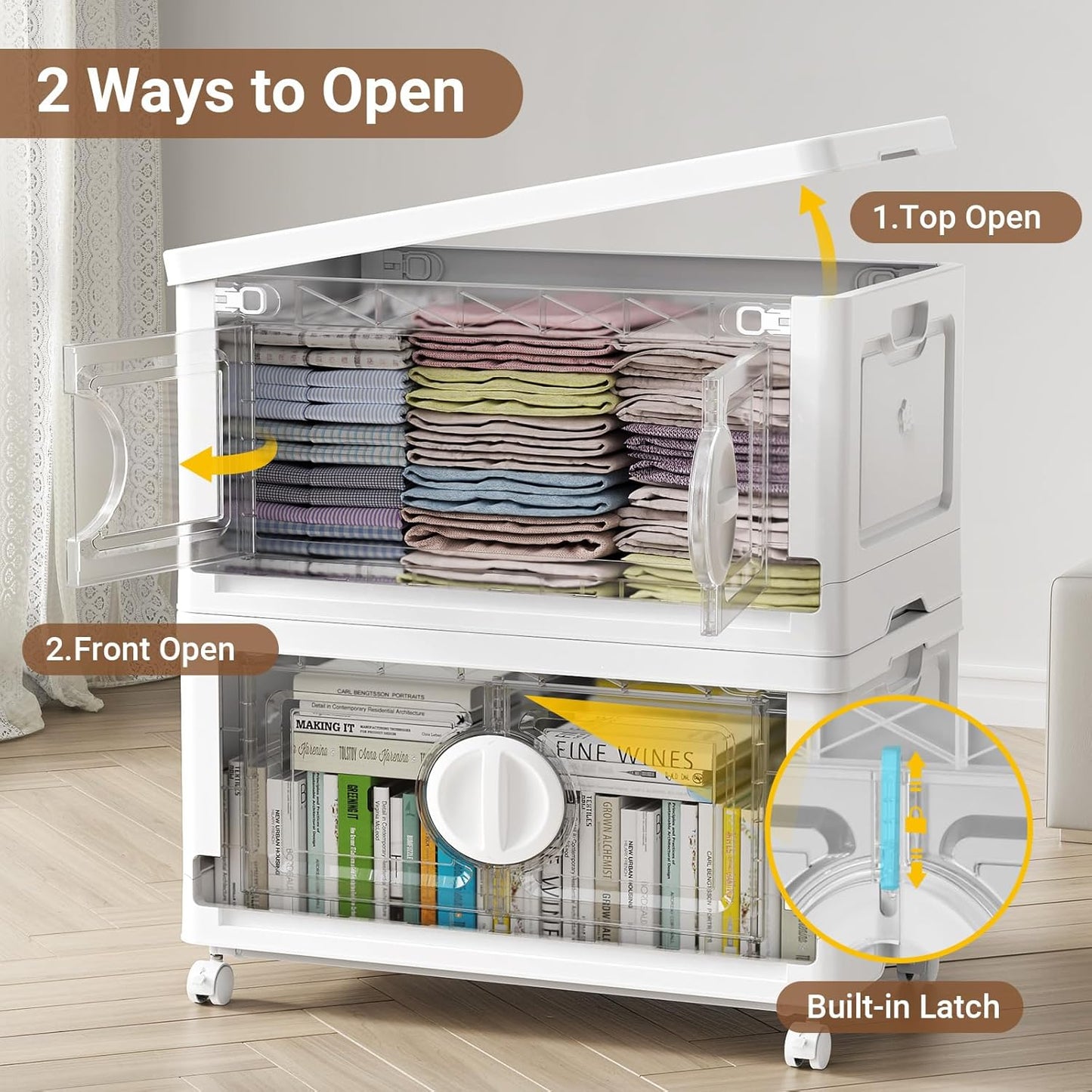 BROVIEW 480Qt Lockable Stackable Storage Bins with Lids, Closet Organizers and Storage Drawer, Collapsible Storage Bin with Wheels, Plastic Cabinet for Toy Clothes Dorm Organizer, V9 4 Pack White