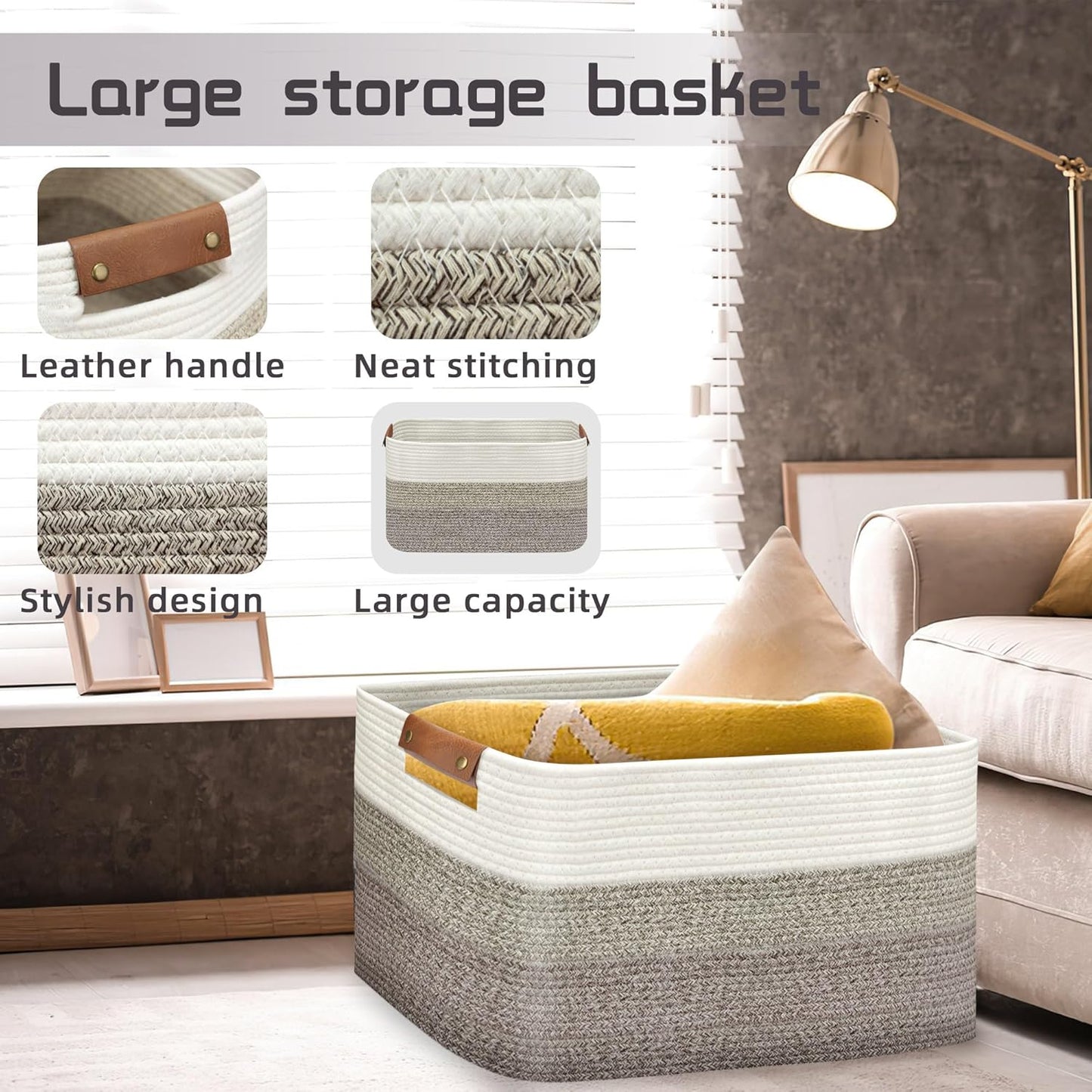 Large Collapsible Laundry Basket, Clothes Hamper for Blanket, Toy, Towels, Woven Baskets for Storage, Nursery Home Decor Living room 21.6" x 15" x 11.8", Gradient Brown