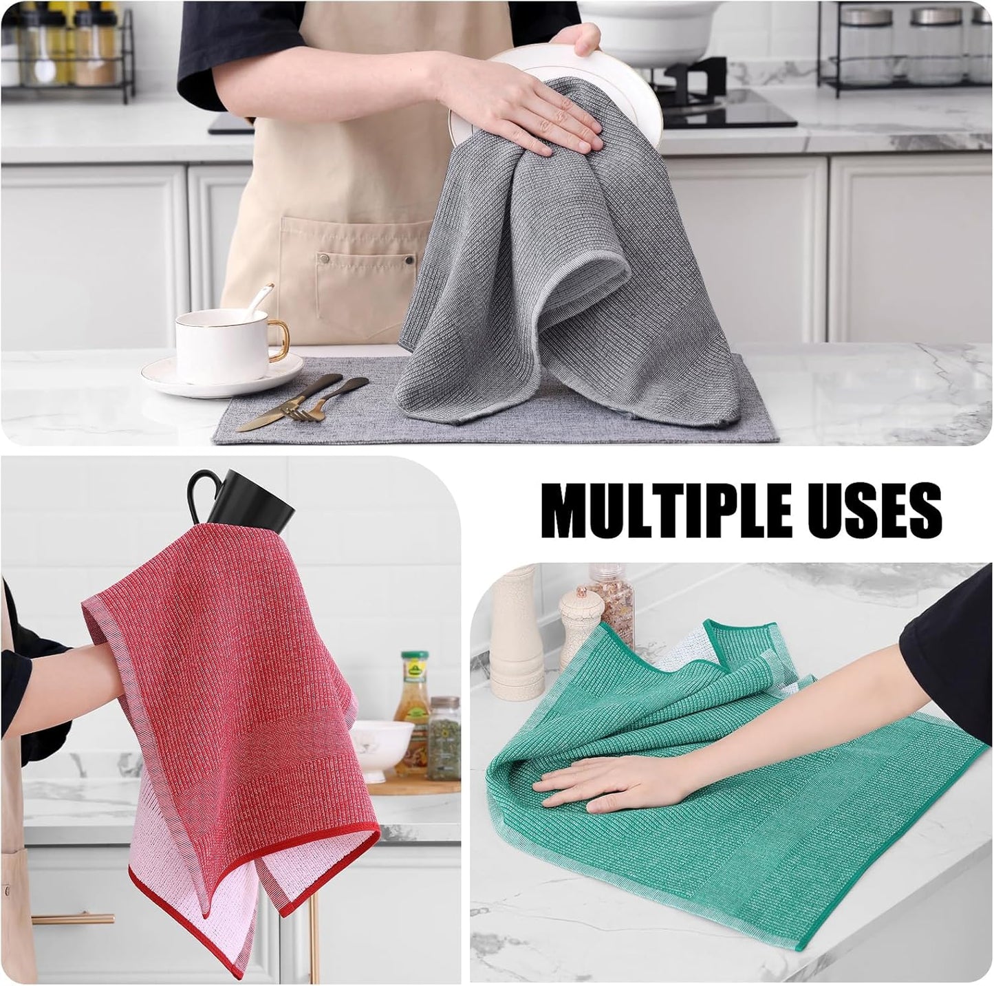 Homaxy Premium Kitchen Towels(18”x 28”, 6 Pack), Large Cotton Kitchen Hand Towels, Flat and Terry Dish Towels, 380 GSM Highly Absorbent Tea Towel Set with Hanging Loop, Grey/Red/Green