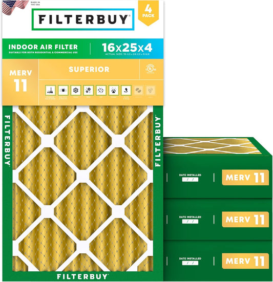Filterbuy 16x25x4 Air Filter MERV 11 (MPR 1200) Allergen Defense Replacement (4-Pack), Electrostatic Pleated HVAC AC Furnace Filters, Made in USA (Actual Size: 15.50 x 24.50 x 3.63)
