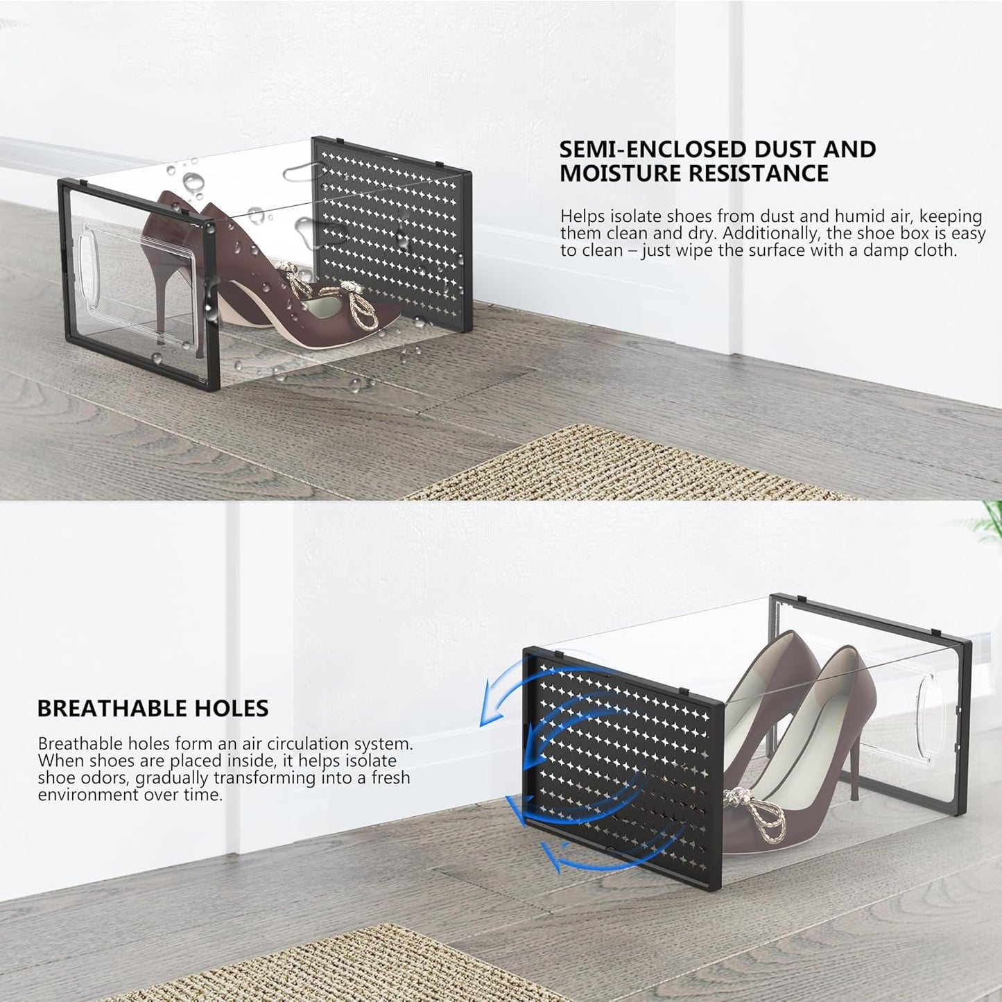 12 Pack Large Modular Clear Plastic Stackable Shoe Storage Organizer for Closet, Space Saving Versatile Sneaker Shoe Rack Containers Bins Holders, Portable Closet Organizers and Storage, Black