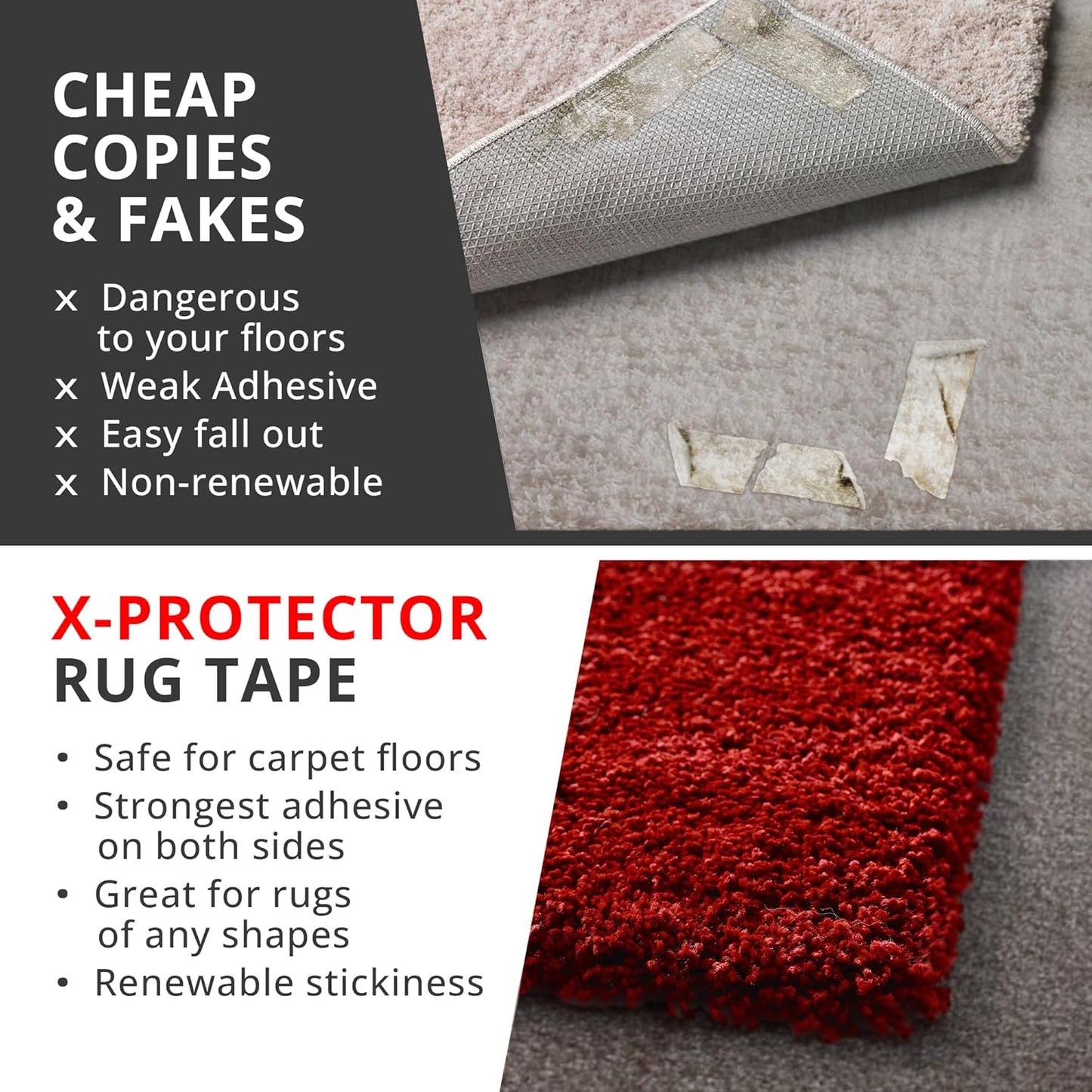 X-Protector Rug Tape for Carpet - 12 Pcs Set - White Anti-Slip & Anti-Curling Carpet Tape for Rugs - Premium Rug Pad Gripper - Ideal Carpet Corner Grippers to Keep Your Rugs & Make Corners Flat