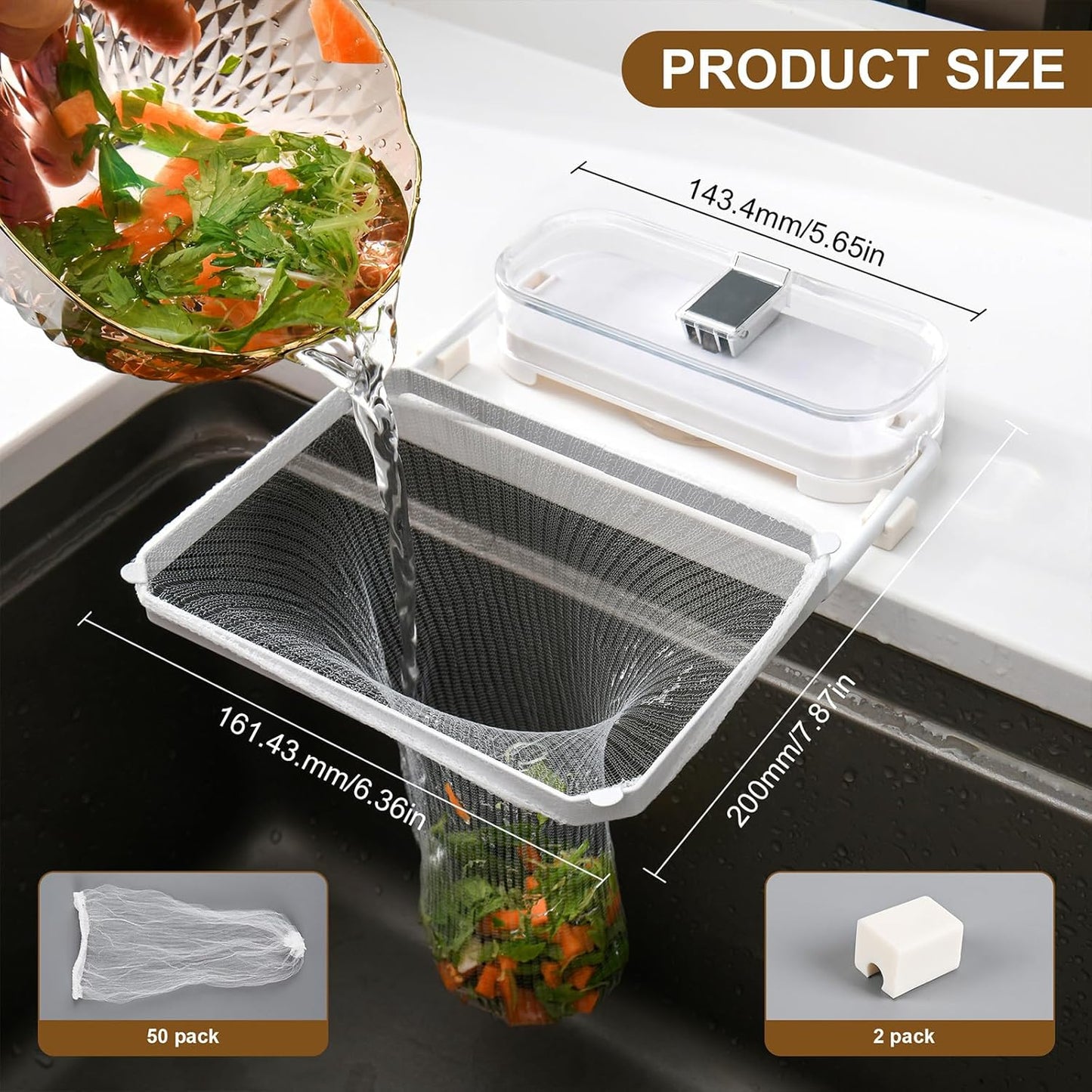 Kitchen Sink Drain Strainer Basket Holder - 50 Mesh Net Bags for Food Scraps, Kitchen Sink Food Catcher & Garbage Disposal Strainer (White)
