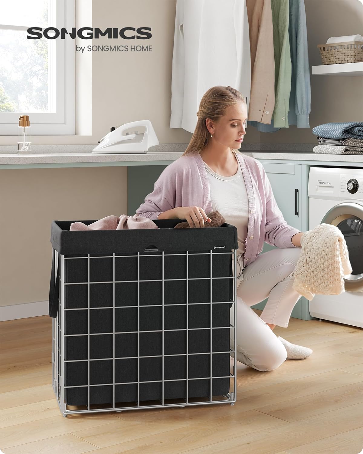 SONGMICS 29 Gal. (110L) Laundry Basket, Laundry Hamper, Collapsible Clothes Hamper, Removable and Washable Liner, Metal Wire Frame, for Bedroom Bathroom, Silver and Classic Black ULCB111B01