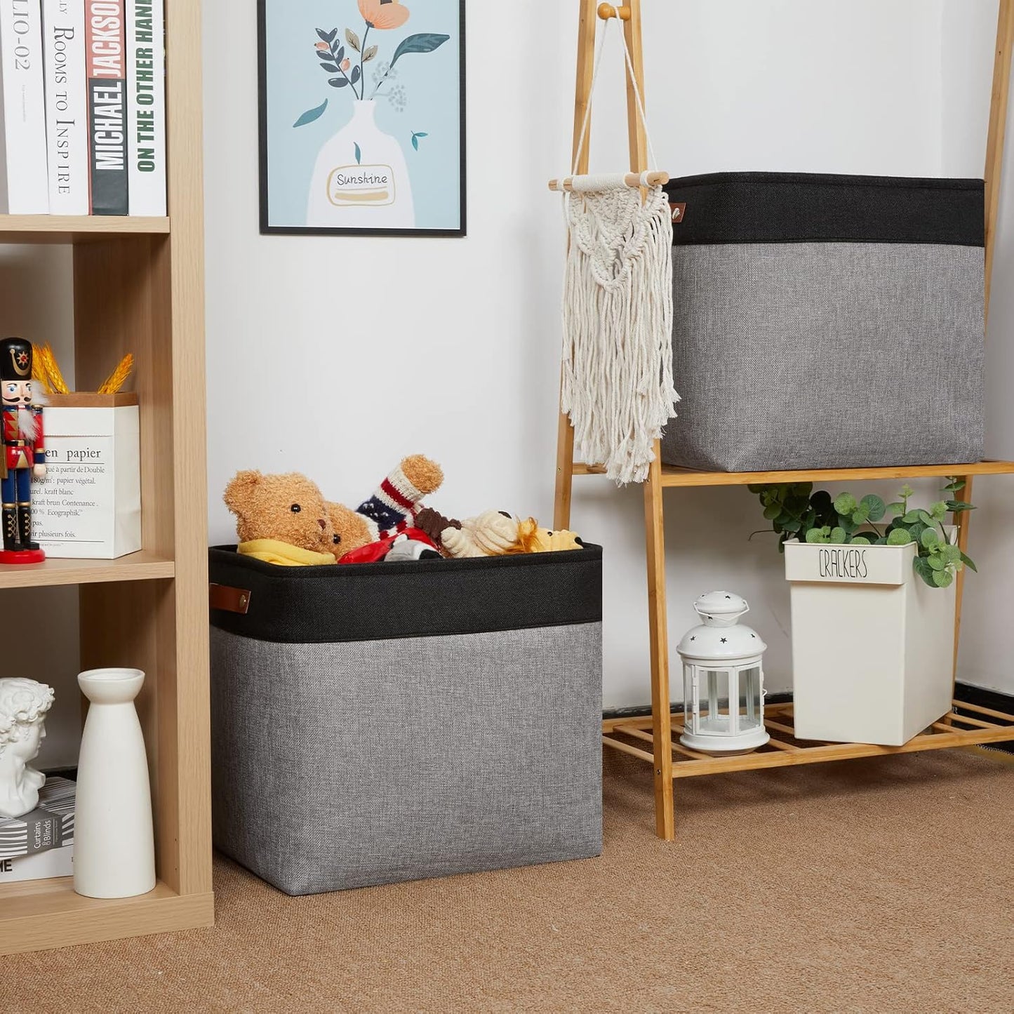 HNZIGE Fabric Storage Baskets Large Cloth Baskets Set of 2, Rectangular Shelf Baskets with Handles for storage, Foldable Tall Baskets for Organizing Linen Closet Organizers(Gray Black)