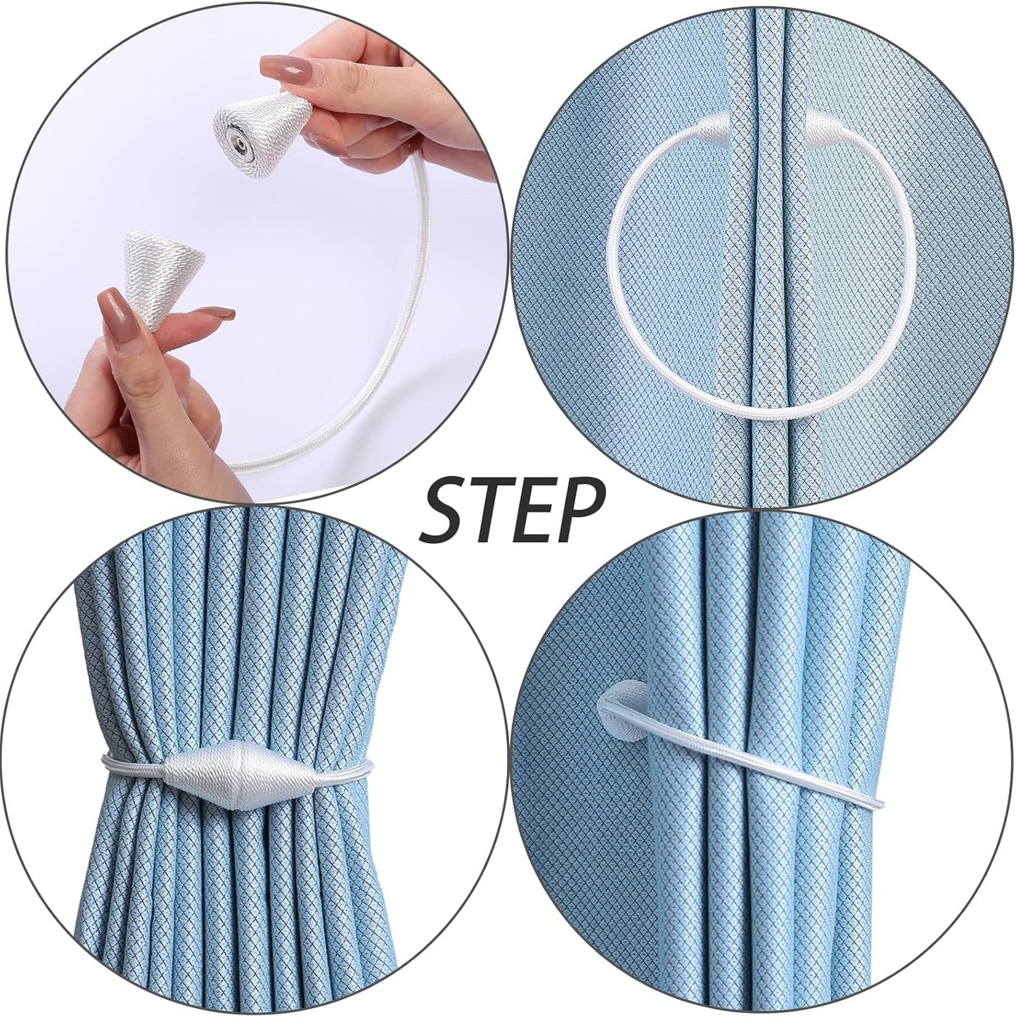 2 PCS Magnetic Curtain Tiebacks, European Style Convenient Drape Tie Backs Holdbacks for Thin or Thick Home & Office Window Draperies, No Tools Required-Wite