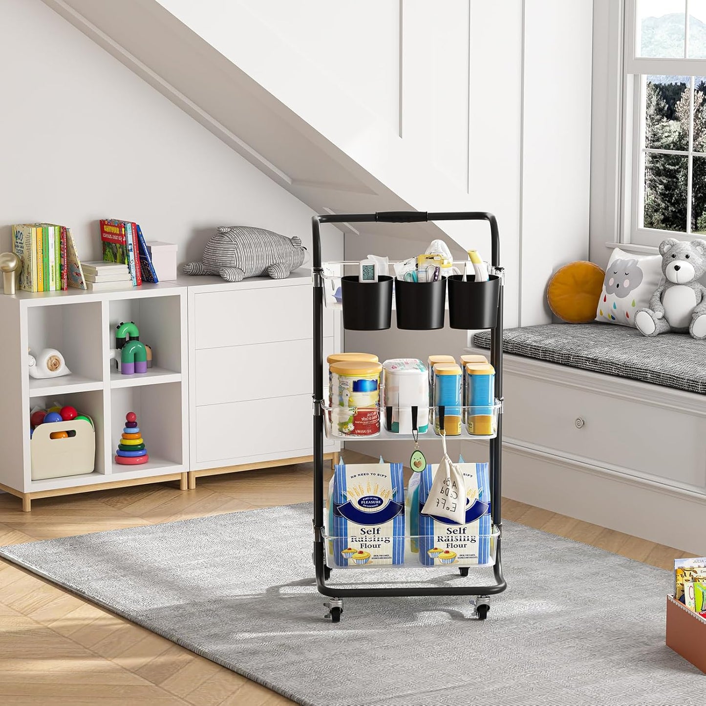 3 Tier Rolling Cart with Metal Handle, Hanging Cups, Hooks, Plastic Storage Baskets & Wheels Lockable, Utility Craft Cart for Bathroom Classroom Office Kitchen Pantry Organizers and Storage, Clear