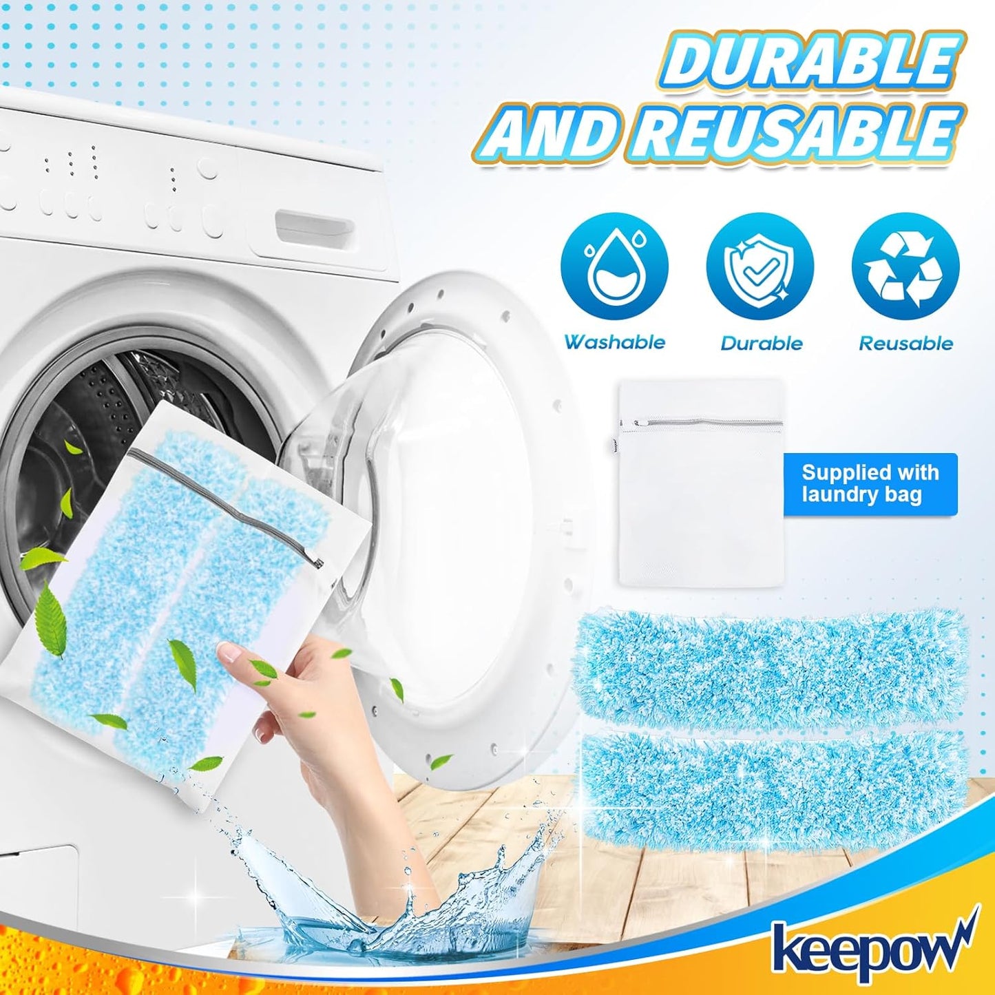 KEEPOW 10" Professional Microfiber Window Scrubber Refill Replacement Compatible with MR.SIGA, Compatible with Ettore Window Cleaning Tools, Reusable & Washable Window Squeegee for Home (2 Pack)