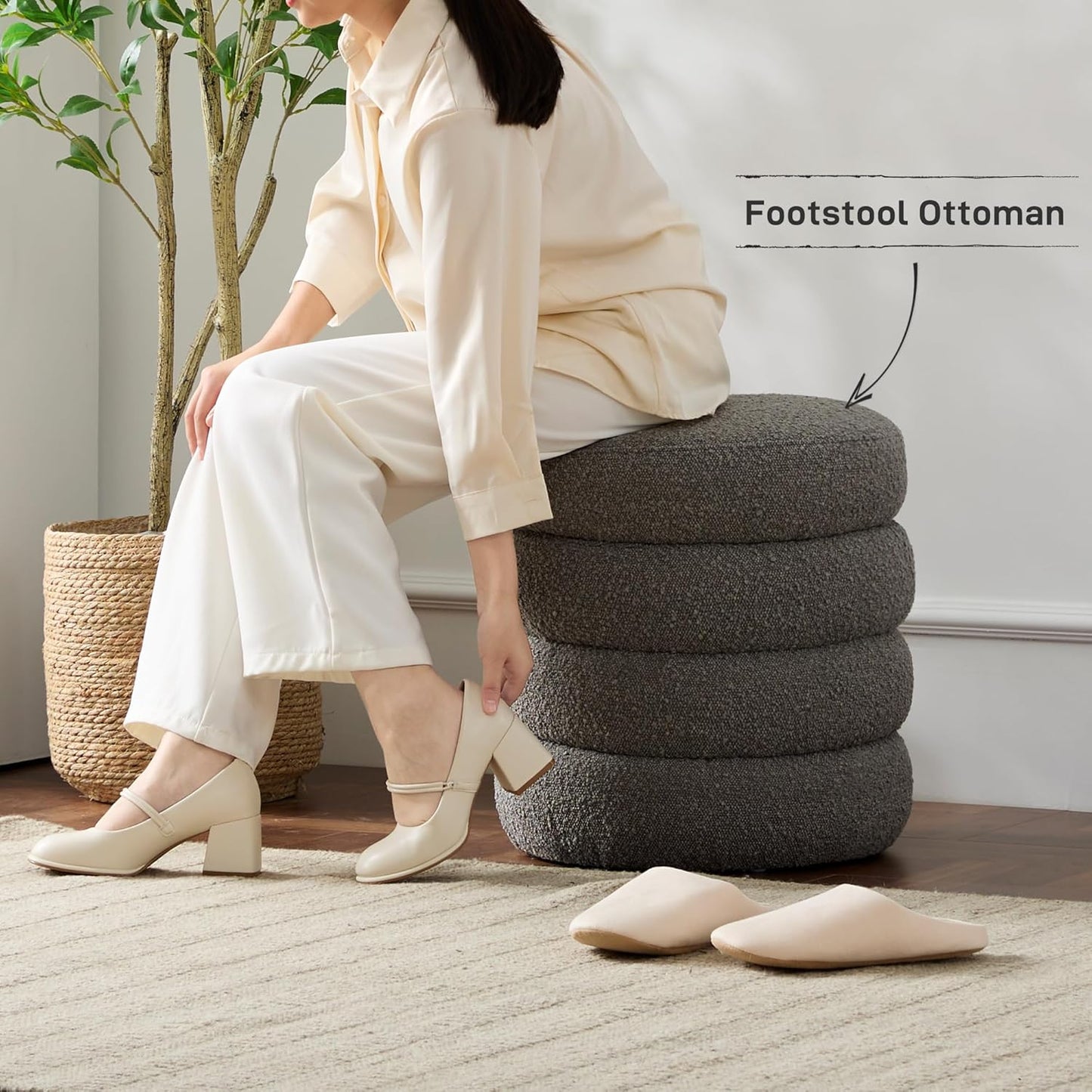 Round Ottoman with Storage Boucle Ottoman Stool with Storage Removable Lid for Living Room Modern Vanity Sorage Stool Foot Rest Bedroom Dorm Gift Set of 1 (Grey)