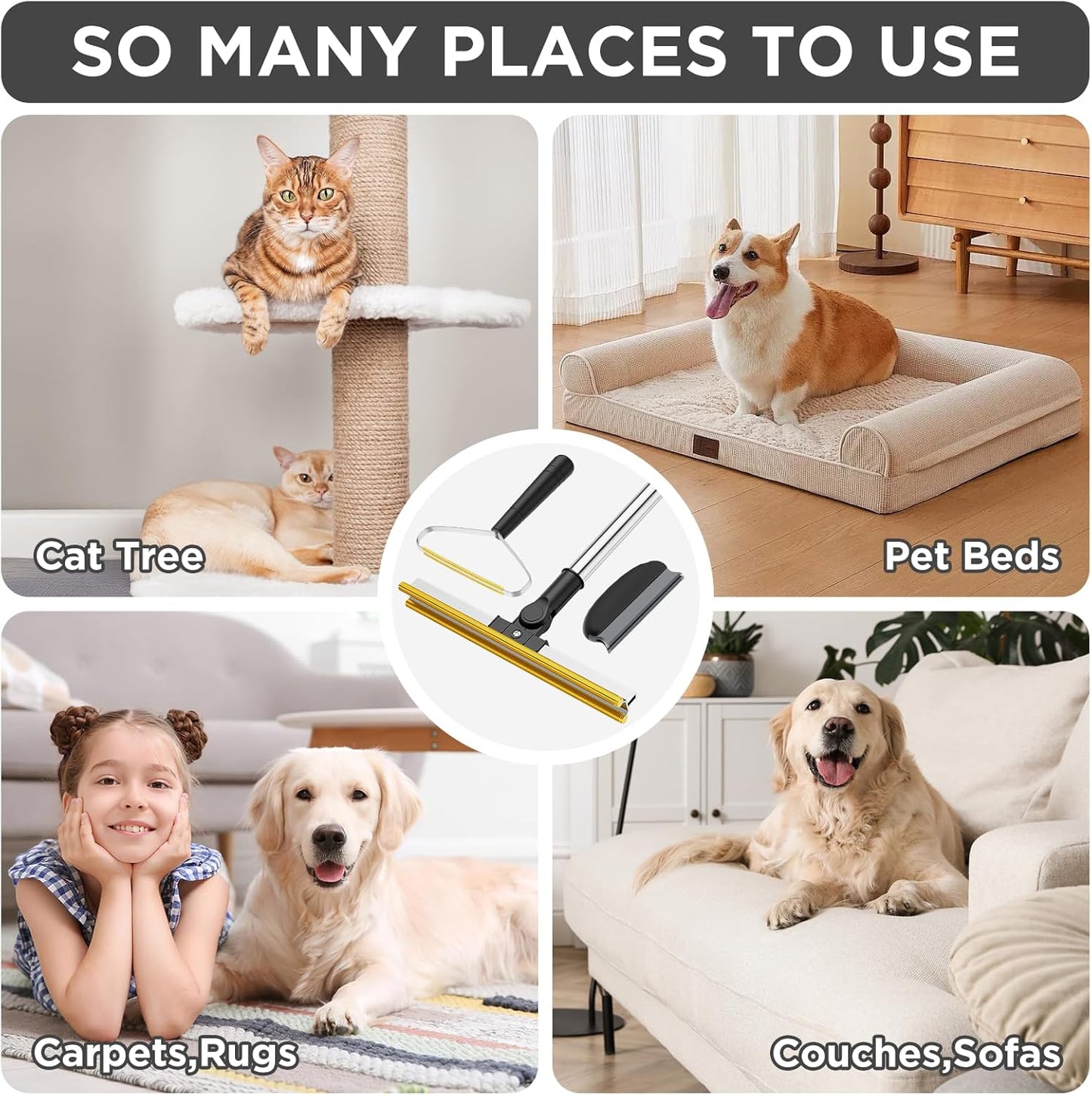 3 in 1 Carpet Rake for Pet Hair Removal, Tool Set of 3, 55” Long Handle Carpet Pet Hair Removal Carpet Scraper Dog Cat Hair Remover for Sofa, Couch, Car, Rug (Black)