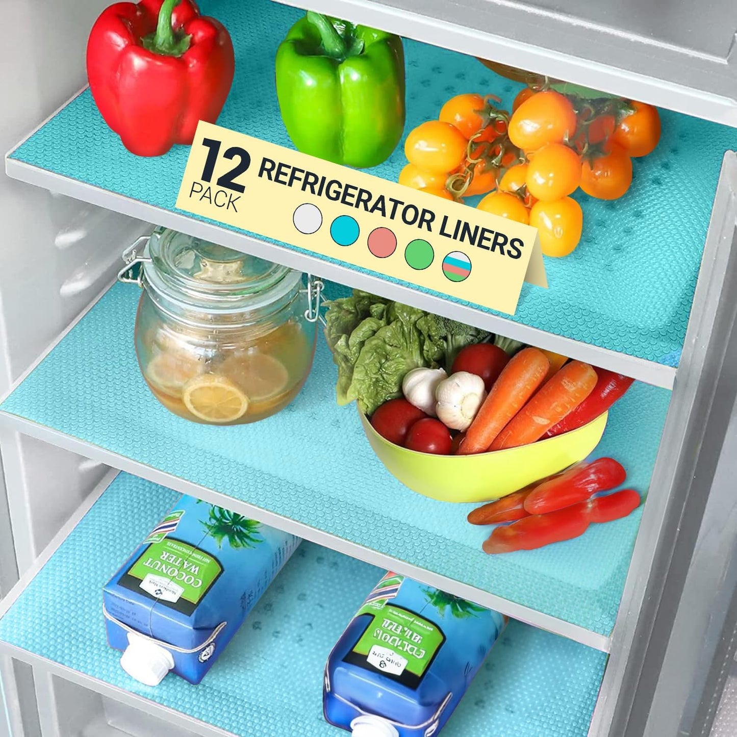 Refrigerator Liners for Shelves (12 Pack) by Linda’s Essentials - Non-Adhesive Shelf or Drawer Liner, BPA-Free Fridge Mats for Kitchen & Cabinets, Easy to Clean, Ideal Household Essentials (Blue)
