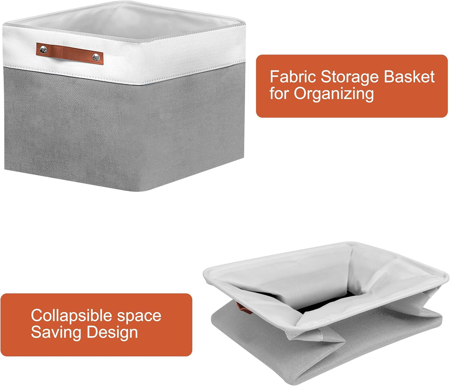13in Open Fabric Storage Basket with Leather Handles for Organizing, Collapsible Linen Closet Bins for Shelves, Closets, Laundry, Decorative Basket for Gifts. (White＆Gray, 3PCS/13x13in)