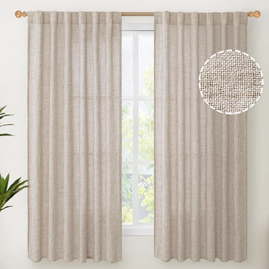 YoungsTex Beige Linen Semi Sheer Curtains 63 Inch Length for Living Room, Light Filtering Window Drapes with Rod Pocket Back Tab Natural Textured for Country Bedroom, 2 Panels, 52 X 63 Inch