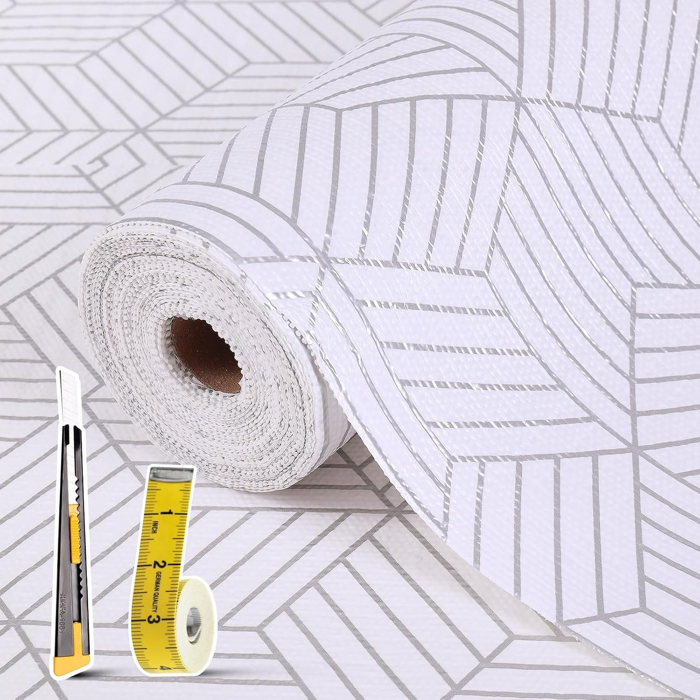 Shelf Liners for Kitchen Cabinets Non Adhesive Shelf Liner Paper Non-Slip Thickened Drawer Liner Easy to Clean for Tool Box Refrigerator with Knife and Tape Measure, Silver Geometric, 11.8 x 354.3 in