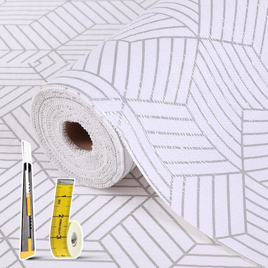 Shelf Liners for Kitchen Cabinets Non Adhesive Shelf Liner Paper Non-Slip Thickened Drawer Liner Easy to Clean for Tool Box Refrigerator with Knife and Tape Measure, Silver Geometric, 11.8 x 236.2 in