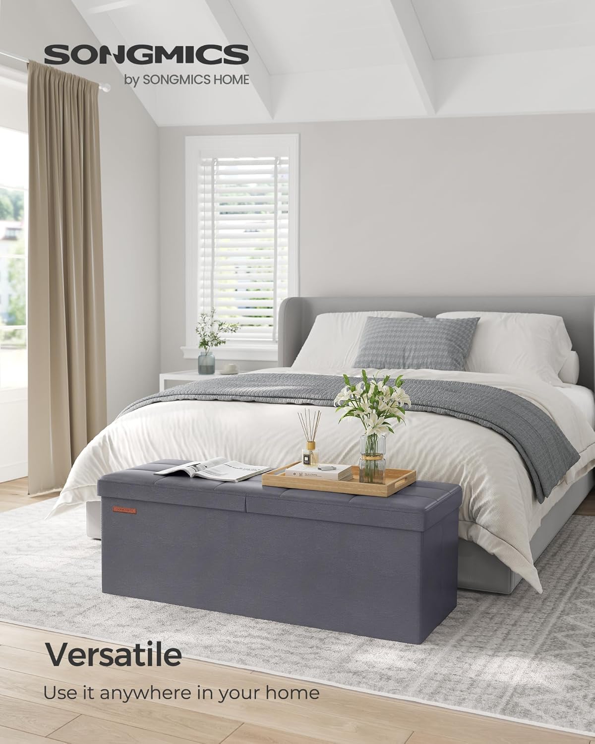 SONGMICS MAZIE Collection - 43 Inches Storage Ottoman Bench with Flipping Lid, Storage Chest with Iron Frame Support, Load 660 lb, for Living Room, Bedroom, Synthetic Leather, Dark Gray ULSF075G01