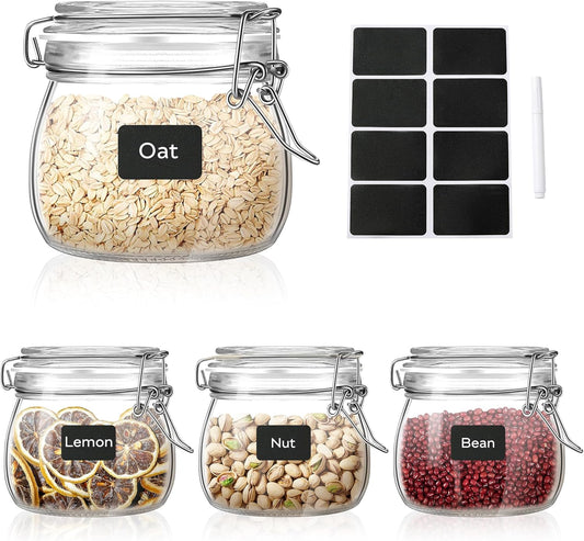 Glass Food Storage Jars with Airtight Lids 17 oz Round 4 Pack Kitchen Storage Containers Cabinet Canisters Sealed Pot Canning for Pasta, Cereal, Coffee, Beans, Spice