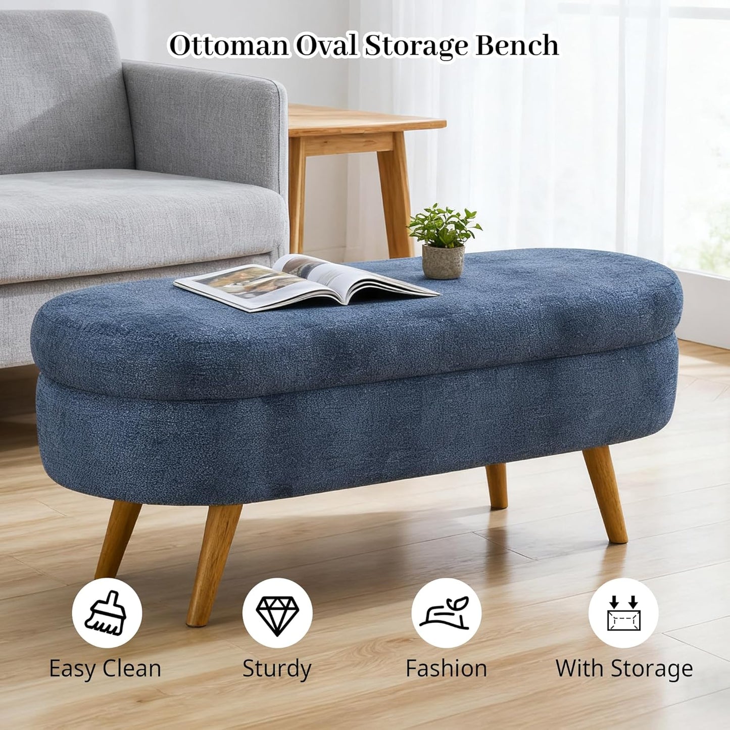 Storage Bench, 43" Storage Ottoman Bench, Shoe Storages Benches for Bedroom, Upholstered Entryway Benches with Seating, Rubber Wood Legs for Bedroom, Living Room, Entryway, Bed Side, Dark Blue