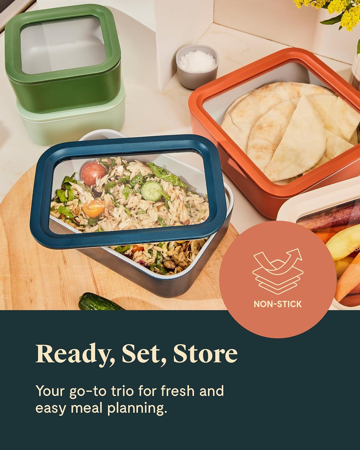 Caraway 3pc Glass Food Storage Set – 10 Cup, 6.6 Cup, & 4.4 Cup Food Containers - Ceramic Coated - Non Toxic Non Stick Lunch Box with Glass Lids - Dishwasher, Oven, & Microwave Safe - Cream