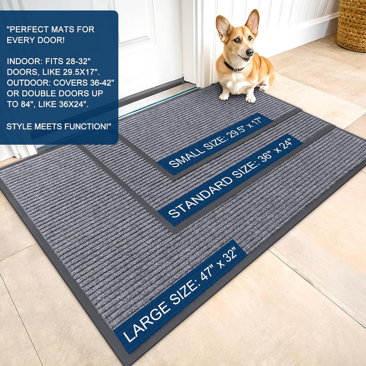 OLANLY Front Door Mat Indoor Outdoor Entrance, Waterproof Heavy Duty Doormat, Fade Resistant, Low Profile, Easy Clean Patio Porch Welcome Floor Mats for Entry, 59x20, Light Gray