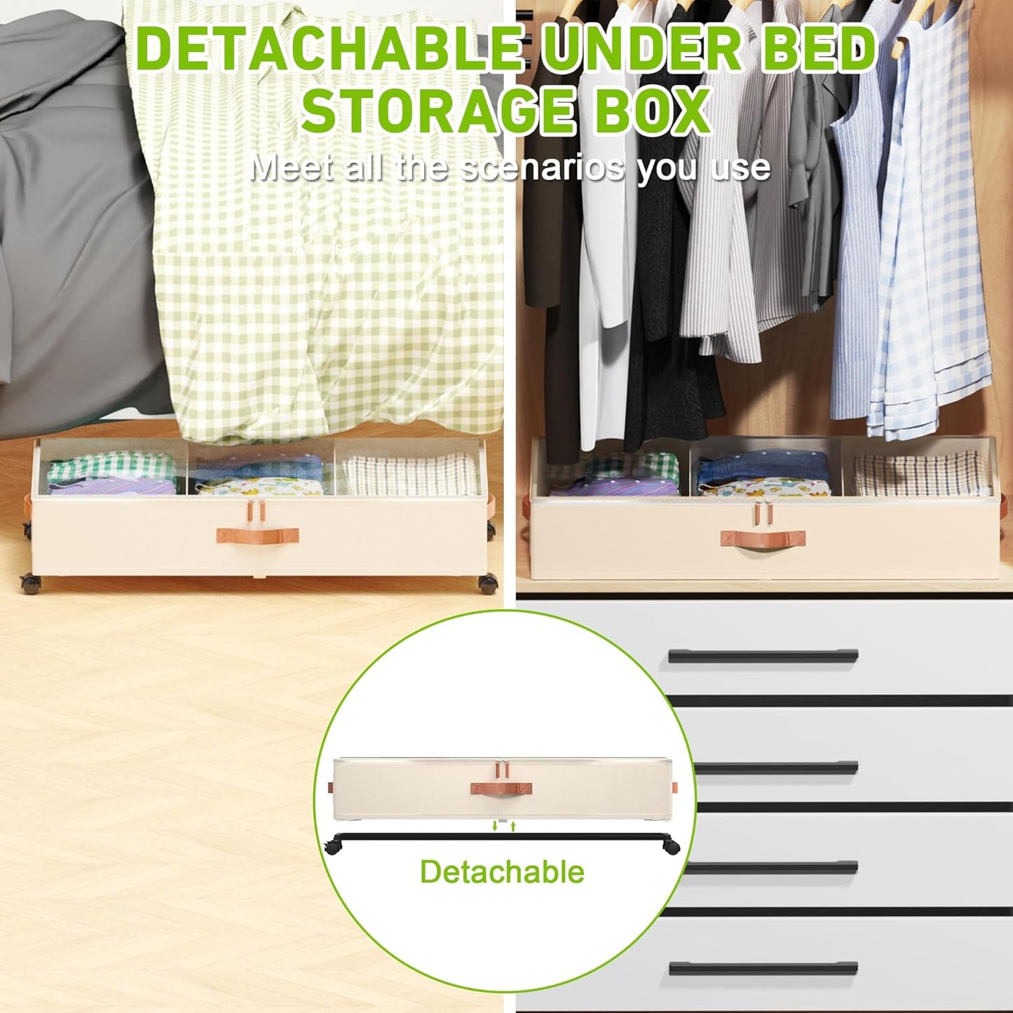 Under Bed Storage with Wheels, 2-Pack Under Bed Storage Containers with Clear Lids, XXL 65L Under the bed storage Organizer Bins, Rolling Under Bed Metal Drawer for Clothes,Shoes,Toys (White, 2-Pack)