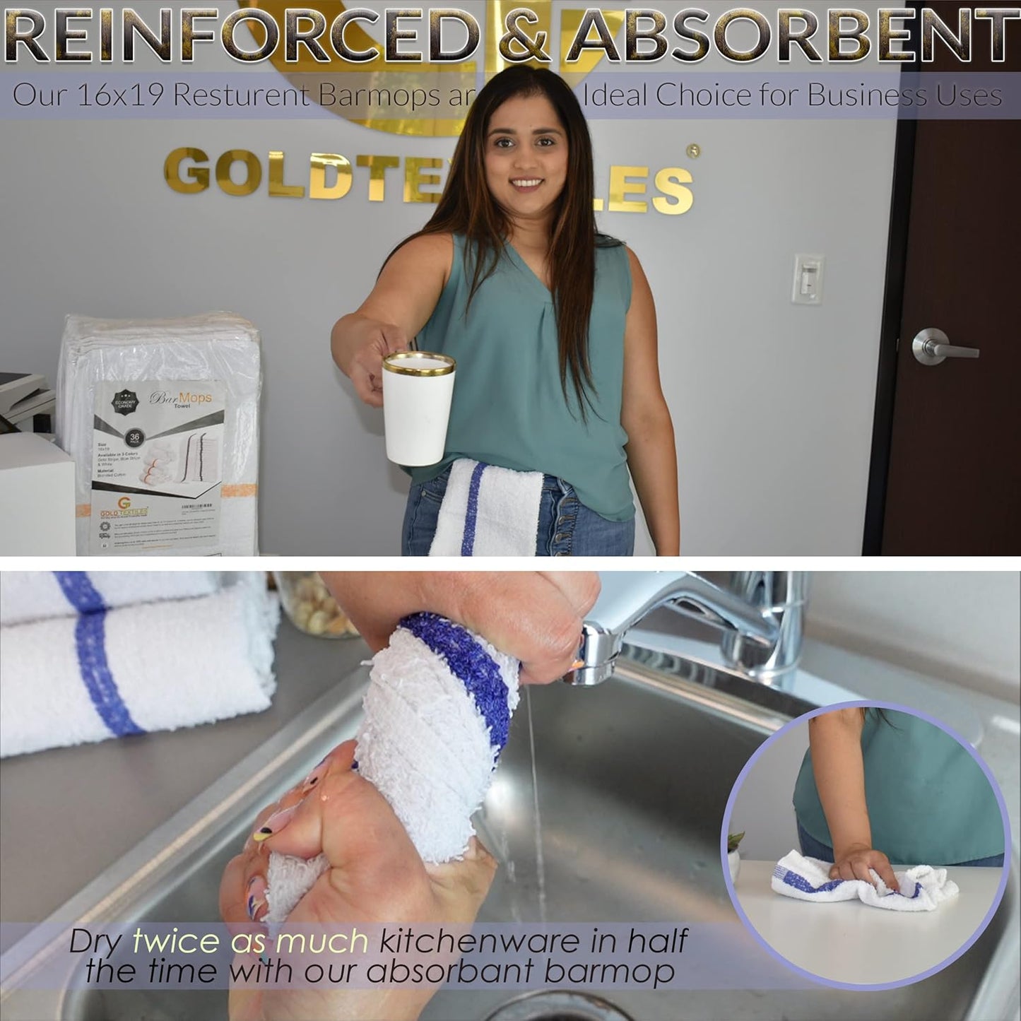 120 PC New Cotton Blend White Restaurant Bar Mops Kitchen Towels (10 Dozen ) (120, Gold Stripe), 32 Oz